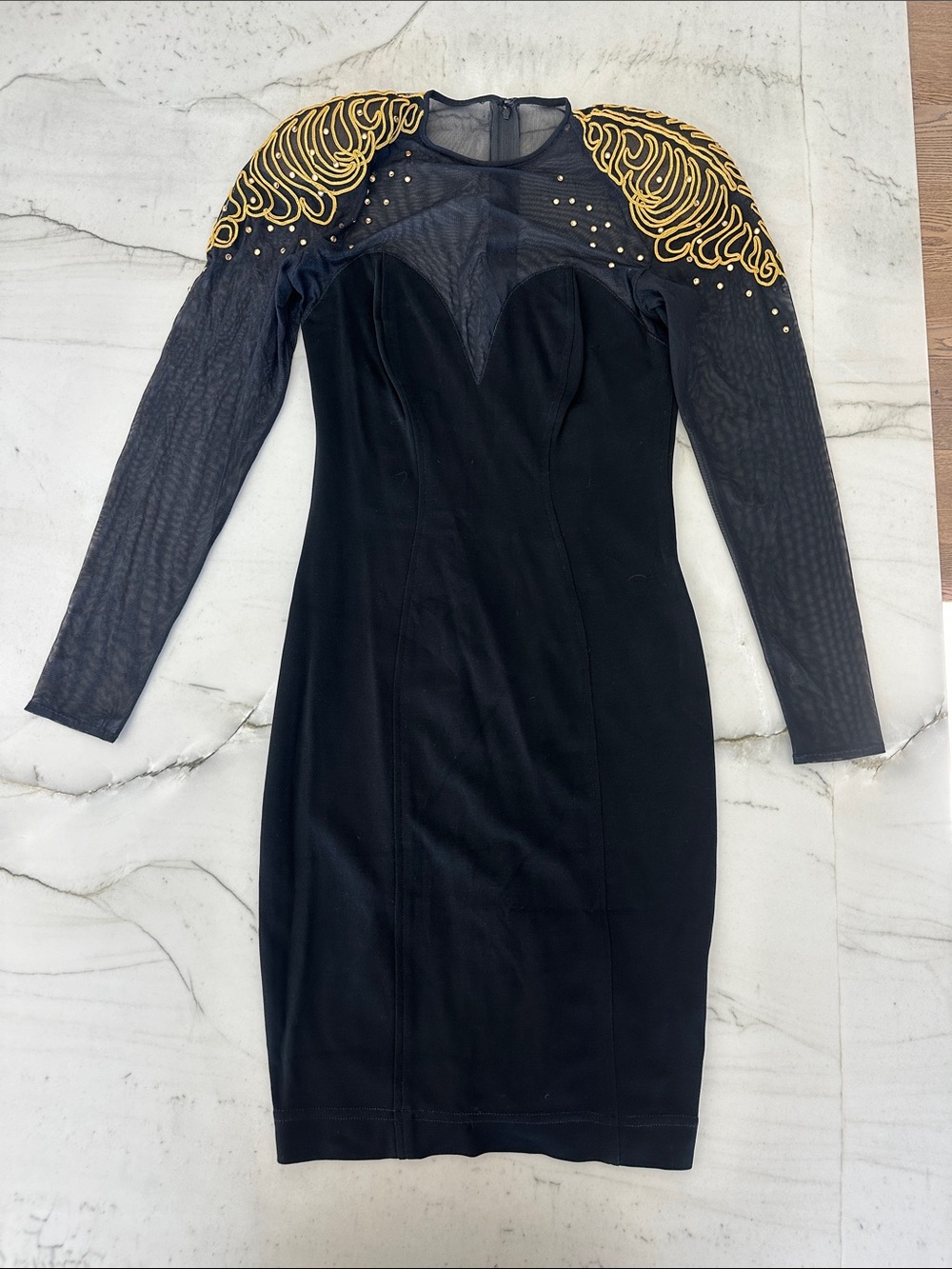 Vintage Black Long-Sleeve Mesh Bodycon Dress with Gold Shoulder Embellishment